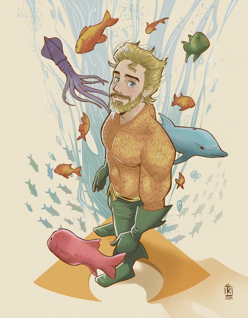 1boy aquaman_(dc) aquaman_(series) bara beard blonde_hair connected_beard dc_comics facial_hair fish from_above from_side full_beard gloves highres looking_at_viewer male_focus mature_male muscular muscular_male octopus renan_ilustra short_hair smile solo standing superhero_costume thick_beard thick_eyebrows thick_mustache