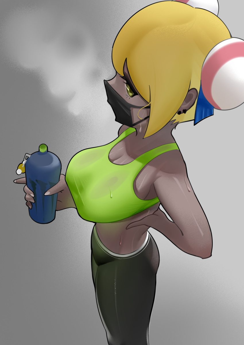 1girl absurdres blonde_hair bottle breasts dark-skinned_female dark_skin double_bun ear_piercing fingernails from_above green_eyes green_sports_bra grey_background gyaru hair_bun highres holding holding_bottle kogal large_breasts looking_at_viewer looking_to_the_side mask monster_energy mouth_mask original pants piercing short_hair simple_background solo sports_bra steam sweat tan water_bottle workout_clothes zhaod