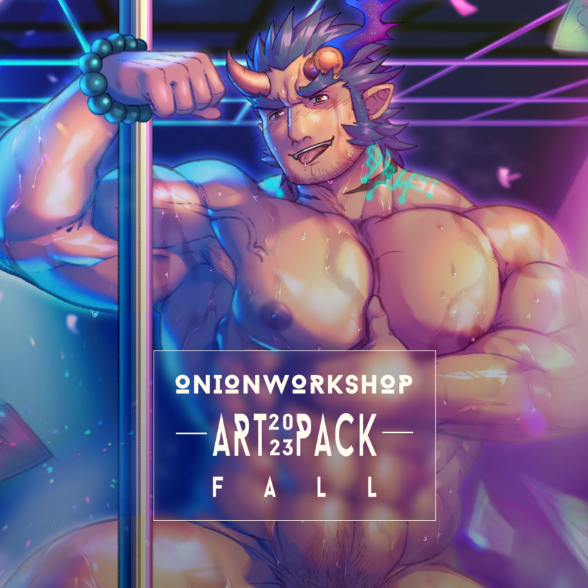 1boy abs bara blue_hair broken_horn completely_nude cowboy_shot dancing dark_blue_hair demon_boy disco_ball facial_hair falling_money fiery_horns glowing_markings goatee_stubble grabbing_own_pectoral highres horns huge_eyebrows jockstrap large_pectorals light_blush long_sideburns male_focus male_underwear mature_male mouth_hold muscular muscular_male mutton_chops navel necklace_in_mouth nipples nude obliques onionworkshop out-of-frame_censoring paid_reward_available pectorals pole scar scar_on_neck seductive_smile see-through shiny_skin short_hair sideburns smile solo sparse_navel_hair spotlight stomach stripper stripper_pole strongman_waist stubble sweat takemaru_(housamo) thick_eyebrows thick_thighs thighs tokyo_afterschool_summoners tongue tongue_out underwear very_sweaty wet wet_clothes