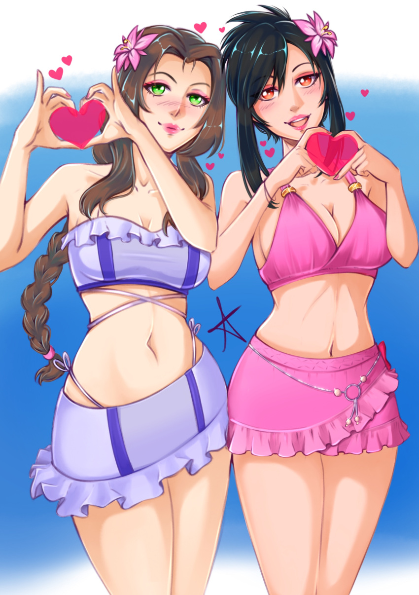 2girls absurdres aerith_gainsborough aerith_gainsborough_(pink_mermaid) bikini bikini_skirt black_hair braid braided_ponytail breasts brown_hair cleavage cosplay costume_switch final_fantasy final_fantasy_vii final_fantasy_vii_rebirth final_fantasy_vii_remake flower frilled_bikini frills hair_flower hair_ornament heart heart_hands highres large_breasts looking_at_viewer medium_breasts multiple_girls official_alternate_costume official_alternate_hairstyle pink_bikini red_draws5 smile swimsuit tifa_lockhart tifa_lockhart_(shining_spirit)