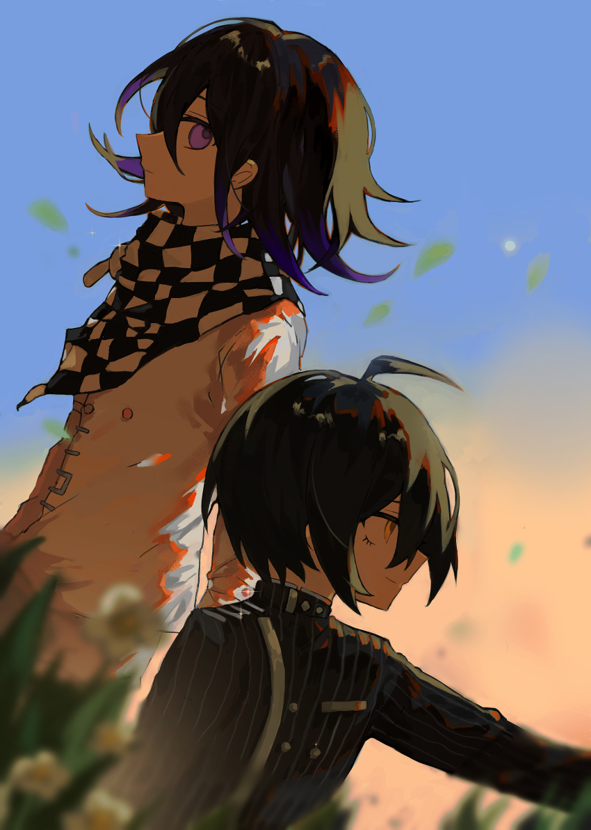 2boys absurdres ahoge black_hair blue_sky checkered_clothes checkered_scarf csuf3227 danganronpa_(series) danganronpa_v3:_killing_harmony evening facing_away from_side gradient_sky hair_between_eyes highres leaf light_smile looking_ahead looking_at_viewer male_focus multicolored_hair multiple_boys oma_kokichi on_grass outdoors pinstripe_pattern pinstripe_suit profile purple_eyes purple_hair saihara_shuichi scarf short_hair sitting sky standing suit two-tone_hair upper_body yellow_eyes yellow_sky