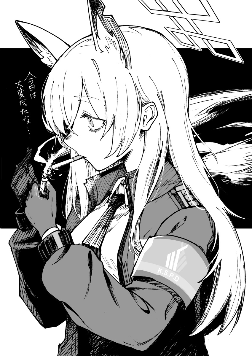 1girl absurdres animal_ears armband blue_archive cigarette commentary_request gloves greyscale halo hayashi_itsuki highres holding holding_lighter kanna_(blue_archive) lighter long_hair long_sleeves monochrome necktie shirt smoking solo translation_request upper_body