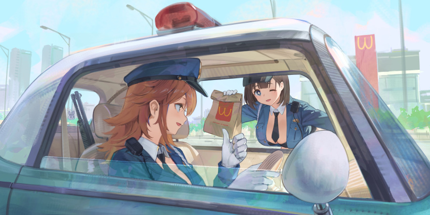 2girls absurdres bag black_necktie blue_shirt breasts brown_hair car ddal detached_collar driving female_service_cap gloves gun hat highres holding holding_bag lamppost large_breasts leaning_forward long_hair looking_at_another motor_vehicle multiple_girls necktie one_eye_closed open_window original police police_car police_hat police_uniform policewoman shirt short_hair sitting star-shaped_pupils star_(symbol) symbol-shaped_pupils thumbs_up uniform walkie-talkie wcdonald's weapon white_gloves window