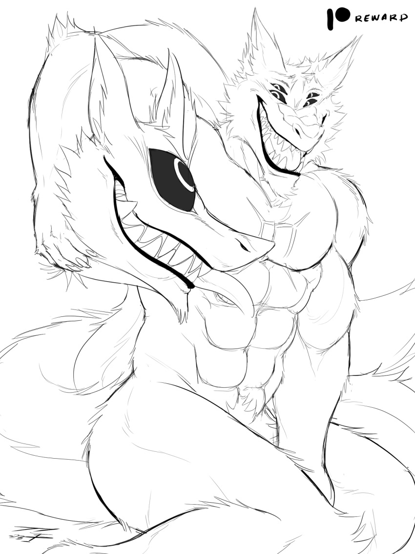 anthro arm_around_neck crazydrak eye_contact gemini_the_sergal grin hi_res licking looking_at_another male multi_eye multi_head multi_limb muscular muscular_male sergal smile solo teeth_showing tongue tongue_out