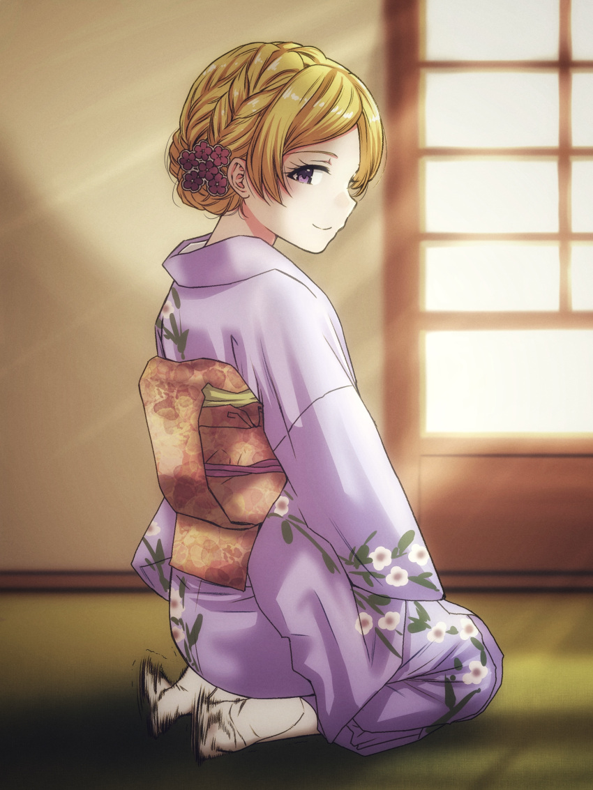 1girl absurdres architecture blonde_hair braid east_asian_architecture emily_stewart eyelashes floral_print_kimono flower flower_ornament from_behind full_body hair_flower hair_ornament hands_on_own_thighs highres idolmaster idolmaster_million_live! idolmaster_million_live!_theater_days indoors japanese_clothes kimono kneeling light_smile looking_at_viewer matcha_kingyo motion_lines obi obiage obijime official_alternate_hairstyle parted_bangs profile purple_eyes purple_kimono sash seiza shade short_hair sitting socks solo sunlight sunset tatami white_socks