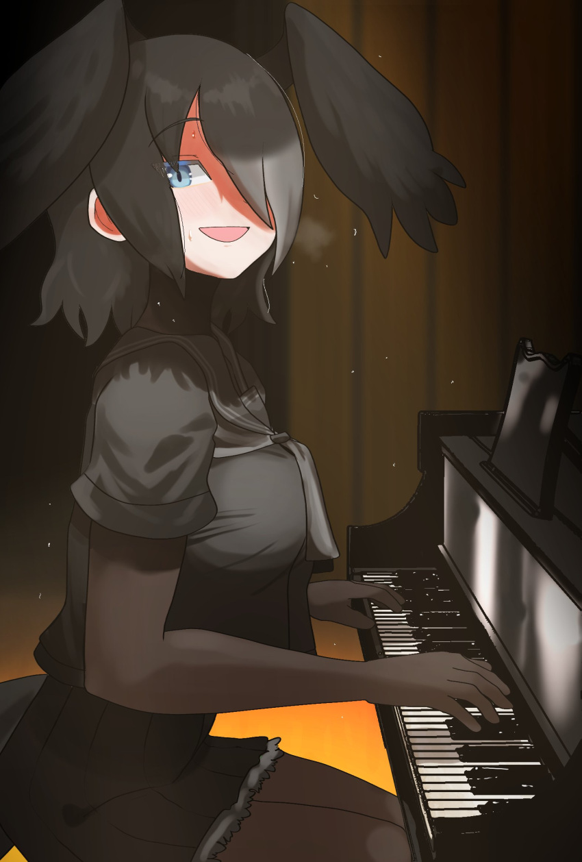 1girl bird_girl bird_tail bird_wings black_gloves black_hair black_neckerchief black_pantyhose black_shirt black_skirt blue_eyes breath elbow_gloves frilled_skirt frills gloves hair_over_one_eye highres instrument jungle_crow_(kemono_friends) kemono_friends looking_at_viewer music neckerchief ookii_yama open_mouth pantyhose piano playing_instrument playing_piano pleated_skirt sailor_collar school_uniform serafuku shirt short_hair short_sleeves sidelocks sitting skirt smile solo t-shirt tail wings