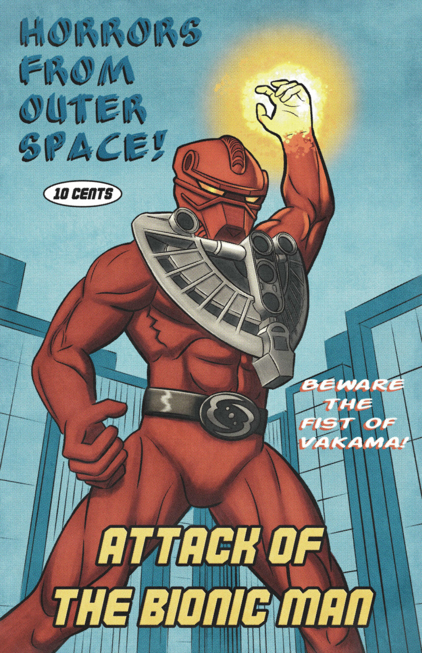 1boy abs absurdres belt bionicle black_belt bodysuit character_name city cover cover_page english_commentary fake_cover giant glowing glowing_hand helmet highres looking_at_viewer male_focus novel_cover orange_eyes red_bodysuit sabretooth1100 solo the_lego_group tokusatsu vakama_(bionicle) western_comics_(style)