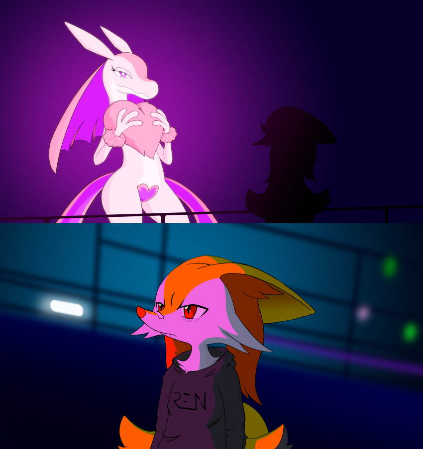 1girl 1other absurdres animal_ear_fluff animal_ears animal_nose arms_at_sides artist_name bags_under_eyes bandaid bandaid_on_face bandaid_on_nose black_sweater blade_runner_2049 blurry blurry_background body_fur braixen bright_pupils closed_mouth clothes_writing commentary cowboy_shot crossover derivative_work ears_down english_commentary fox_ears furry furry_female glowing goslingposting_(meme) half-closed_eyes hands_on_own_chest hands_up heart_maebari highres hood hood_down hooded_sweater long_hair long_sleeves lovander maebari meme multiple_views neck_fur palworld pink_eyes pink_fur pink_hair pokemon pokemon_(creature) railing red_eyes ren_braixen screencap_redraw signature snout standing sweater two-tone_fur upper_body white_fur white_pupils yellow_fur