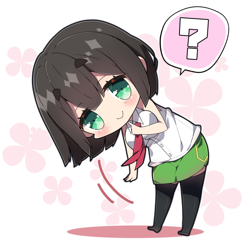 1girl ? absurdres bare_arms bare_shoulders black_hair black_thighhighs blush breasts chibi closed_mouth collared_shirt colored_shadow commentary_request dress dress_shirt floral_background full_body green_eyes green_skirt hair_between_eyes highres kyoumachi_seika large_breasts leaning_to_the_side looking_at_viewer medium_breasts milkpanda necktie no_shoes red_necktie shadow shirt short_eyebrows simple_background skirt sleeveless sleeveless_dress smile solo spoken_question_mark standing thick_eyebrows thighhighs voiceroid white_background white_shirt