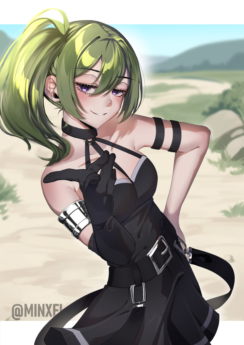 1girl absurdres bare_shoulders belt black_dress black_gloves blush dress gloves green_hair grin hair_between_eyes hand_on_own_hip highres long_hair looking_at_viewer minxei outdoors purple_eyes side_ponytail single_glove smile solo sousou_no_frieren ubel_(sousou_no_frieren)