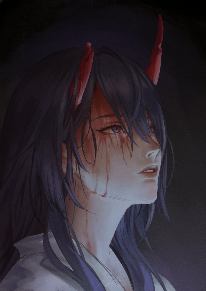 1girl absurdres acheron_(honkai:_star_rail) blood blood_on_face broken_horn hair_between_eyes highres honkai:_star_rail honkai_(series) horns japanese_clothes kimono kokotuo long_hair looking_up open_mouth parted_lips purple_eyes purple_hair red_horns red_lips solo
