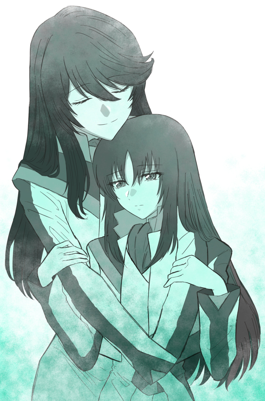 2girls absurdres ascot closed_eyes closed_mouth commentary_request hands_on_another's_arms highres hug hug_from_behind jackets long_hair long_sleeves minashiro_orihime monochrome multiple_girls smile soukyuu_no_fafner tatekami_seri upper_body yuri_kyanon