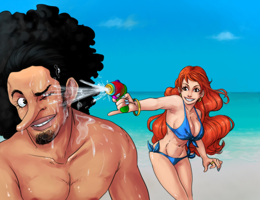 1boy 1girl afro alina_james beach bikini black_hair blue_bikini blue_nails bracelet commentary day earrings english_commentary facial_hair goatee holding hoop_earrings jewelry long_hair long_nose nail_polish nami_(one_piece) ocean one_eye_closed one_piece orange_hair outdoors ring sideburns smile swimsuit teeth topless_male toy_gun usopp water