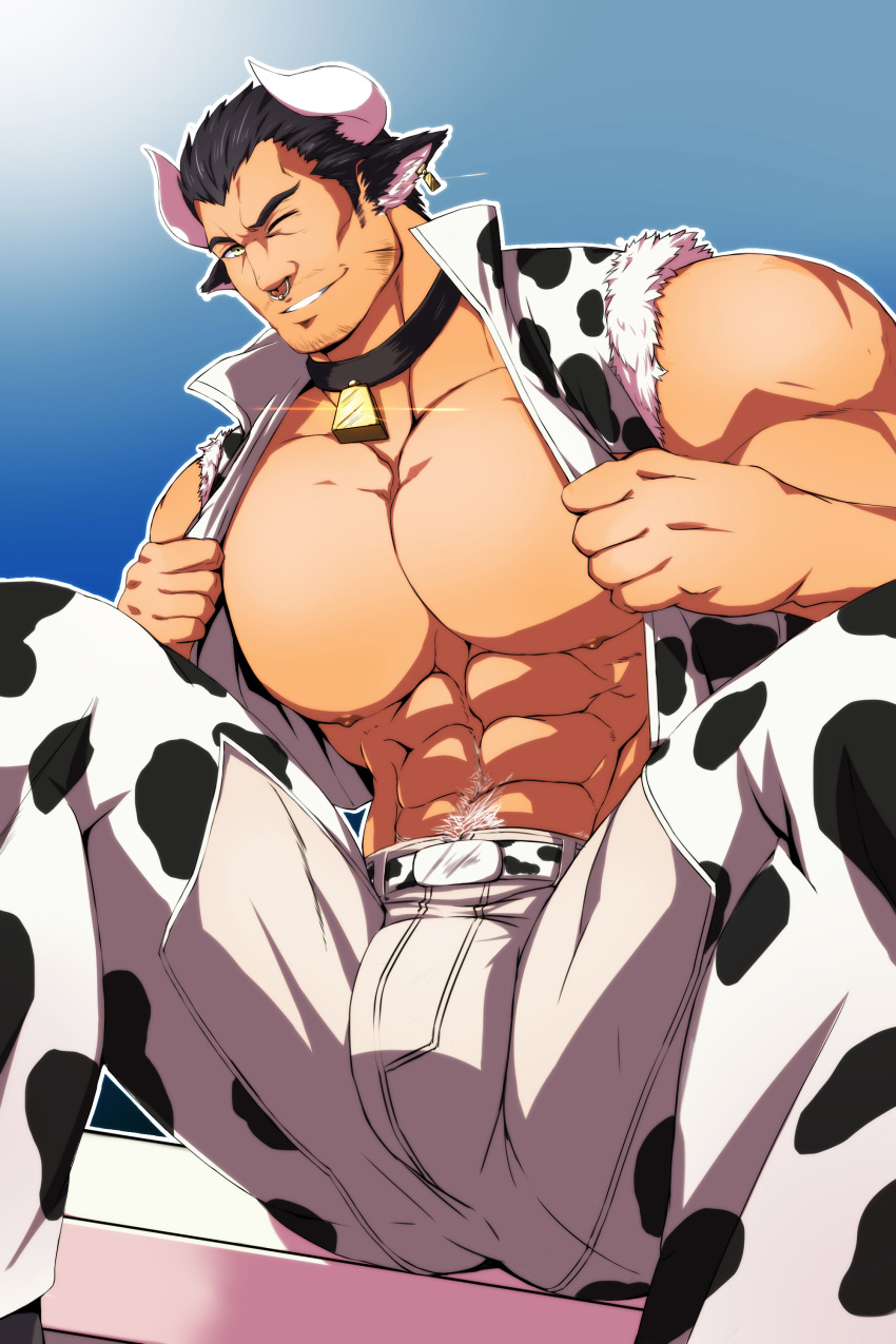 1boy abs absurdres animal_ears animal_print bara bare_pectorals bell bulge chinese_zodiac cow_boy cow_ears cow_horns cow_print crotchless crotchless_pants facial_hair feet_out_of_frame highres horns jacket kito_(clamp5656) large_pectorals male_focus mature_male muscular muscular_male navel navel_hair neck_bell nipples one_eye_closed open_clothes open_jacket original paid_reward_available pants pectorals print_jacket print_pants seductive_smile short_hair sideburns smile solo spread_legs stomach stubble superman_exposure textless_version thick_thighs thighs undressing year_of_the_ox