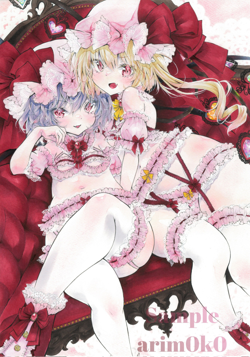 2girls absurdres arim0k0 artist_name blonde_hair blush bow bra couch crossed_legs fang flandre_scarlet frilled_bra frilled_thighhighs frills hat hat_ribbon heart highres lingerie looking_at_viewer marker_(medium) medium_hair mob_cap multiple_girls one_side_up open_mouth pink_bra pink_headwear purple_hair red_eyes red_ribbon remilia_scarlet ribbon sample_watermark short_hair siblings sisters sitting skin_fang thighhighs touhou traditional_media underwear watermark white_thighhighs yellow_bow