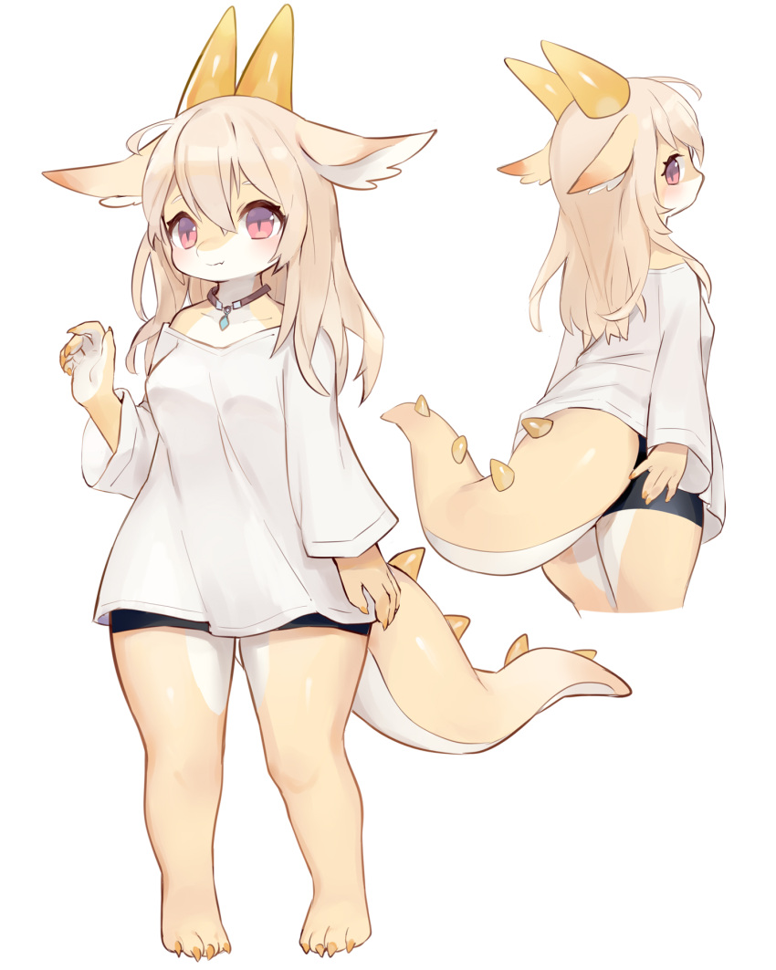 1girl animal_ears arm_at_side barefoot black_shorts blonde_hair brown_collar collar collarbone colored_skin cowboy_shot cropped_legs dragon_girl dragon_horns dragon_tail erumeruta fingernails full_body furry furry_female hand_up highres horns long_sleeves looking_at_viewer looking_back medium_hair multiple_views off-shoulder_shirt off_shoulder original pendant_collar red_eyes sharp_fingernails shirt short_shorts shorts simple_background slit_pupils spikes standing tail tail_through_clothes thighs white_background white_shirt yellow_horns yellow_nails yellow_skin