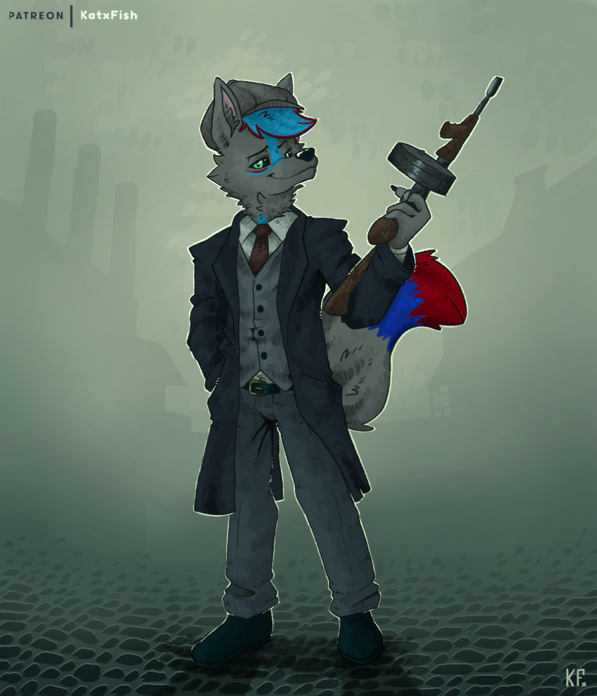 absurd_res anthro canid canine canis clothing gun hi_res katxfish london looking_at_viewer mafia male mammal ranged_weapon ryazon_black smile smiling_at_viewer solo suit weapon wolf