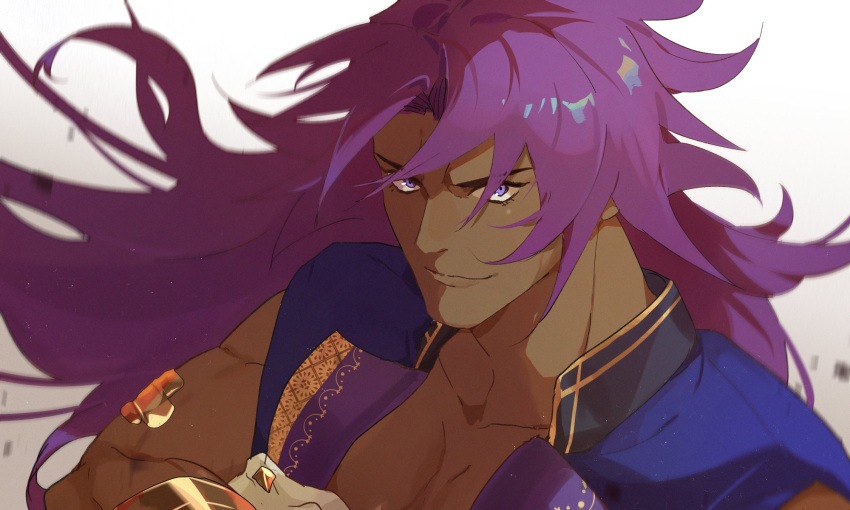 1boy armlet bhima_(fate) biceps blue_vest collar collarbone dark-skinned_male dark_skin embroidery fate/grand_order fate_(series) gold highres koroponsu3 large_pectorals long_hair looking_at_viewer male_focus muscular muscular_male pectorals portrait purple_eyes purple_hair purple_vest smile upper_body vest white_background