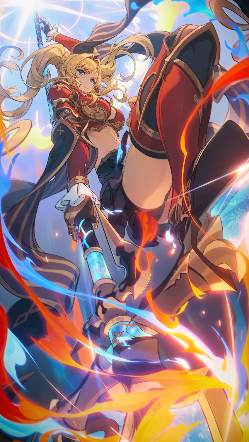 1girl absurdres armor black_pantyhose black_skirt blue_eyes boots breastplate breasts fire granblue_fantasy highres holding holding_polearm holding_weapon long_hair looking_at_viewer medium_breasts navel pantyhose polearm red_armor red_footwear skirt solo spear thigh_boots twintails weapon zeta_(granblue_fantasy) zhiyan_li
