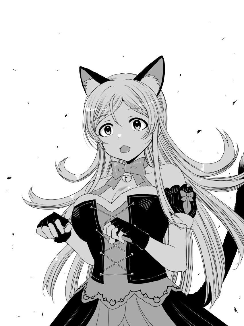1girl :3 ahoge animal_ears bare_shoulders breasts cat_tail cleavage collarbone constricted_pupils corset detached_sleeves dot_nose dress eyelashes fake_animal_ears fake_tail fingerless_gloves flipped_hair gloves greyscale hair_between_eyes highres idolmaster idolmaster_million_live! idolmaster_million_live!_theater_days large_breasts long_hair matcha_kingyo monochrome nyannyan_cat's_eye_(idolmaster) open_mouth parted_bangs paw_pose puffy_short_sleeves puffy_sleeves shinomiya_karen short_sleeves sidelocks simple_background skirt solo standing surprised tail upper_body very_long_hair white_background
