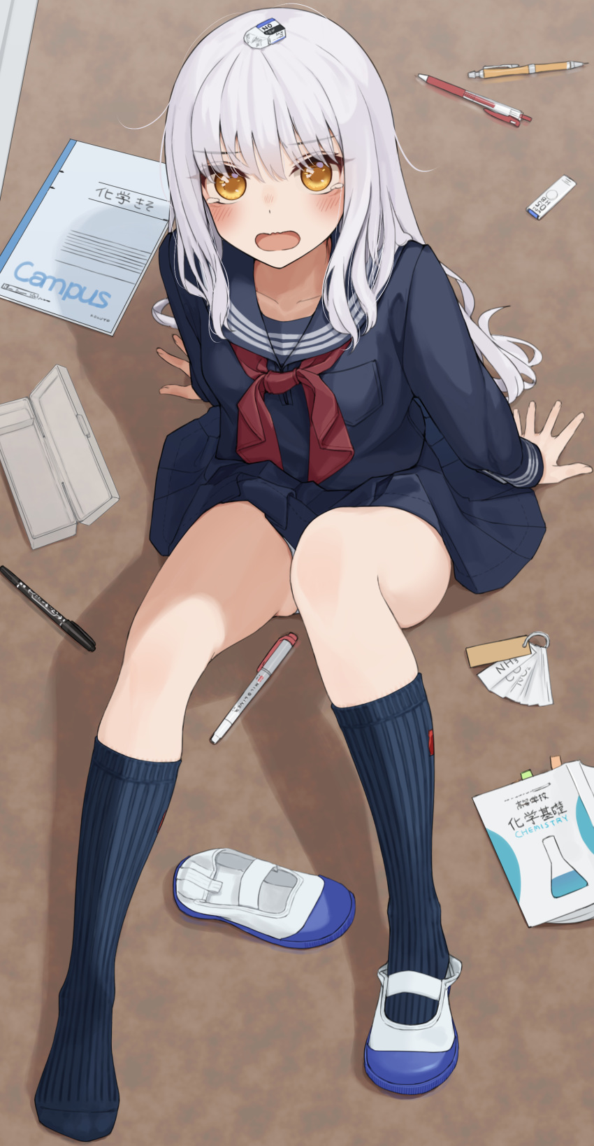 1girl absurdres accident blue_sailor_collar blue_serafuku blue_shirt blue_skirt blue_socks blush book eraser highres kopaka_(karda_nui) neckerchief open_mouth original panties panty_peek pen pencil_case red_neckerchief ribbed_socks sailor_collar school_uniform serafuku shirt shoes skirt socks solo underwear uwabaki v-shaped_eyebrows white_hair white_panties yellow_eyes