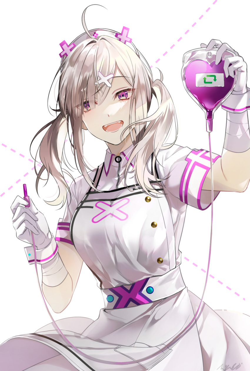 1girl ahoge apron breasts commentary_request cowboy_shot dress gloves grey_hair hair_ornament hair_over_one_eye hands_up hat highres holding intravenous_drip long_hair looking_at_viewer medium_breasts nijisanji nurse nurse_cap open_mouth purple_eyes re_nantoka3 short_sleeves simple_background smile solo sukoya_kana teeth two_side_up virtual_youtuber white_apron white_background white_dress white_gloves x_hair_ornament