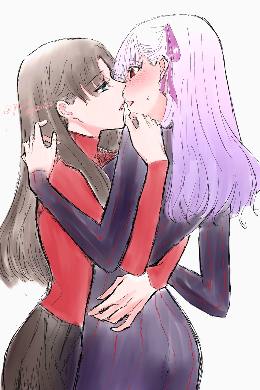 2girls absurdres blue_eyes blush bodysuit brown_hair commentary_request dark_sakura dark_skin eye_contact fate/stay_night fate_(series) gradient_hair hair_ribbon hand_on_another's_shoulder hand_on_another's_waist highres imminent_kiss incest long_sleeves looking_at_another matou_sakura multicolored_hair multiple_girls purple_bodysuit purple_hair purple_ribbon red_eyes red_shirt ribbon shirt siblings simple_background sisters sweat tohsaka_rin twitter_username white_background yuri yuri_kyanon