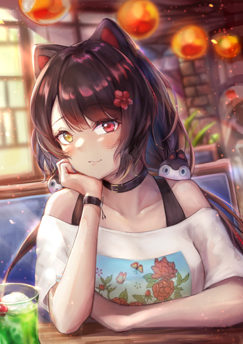 1girl absurdres animal_ears bare_shoulders brown_hair commentary_request cup drinking_glass ganmenkurei_(ani) hand_up highres indoors inui_toko long_hair looking_at_viewer nijisanji off-shoulder_shirt off_shoulder red_eyes shirt short_sleeves smile solo upper_body very_long_hair white_shirt yellow_eyes