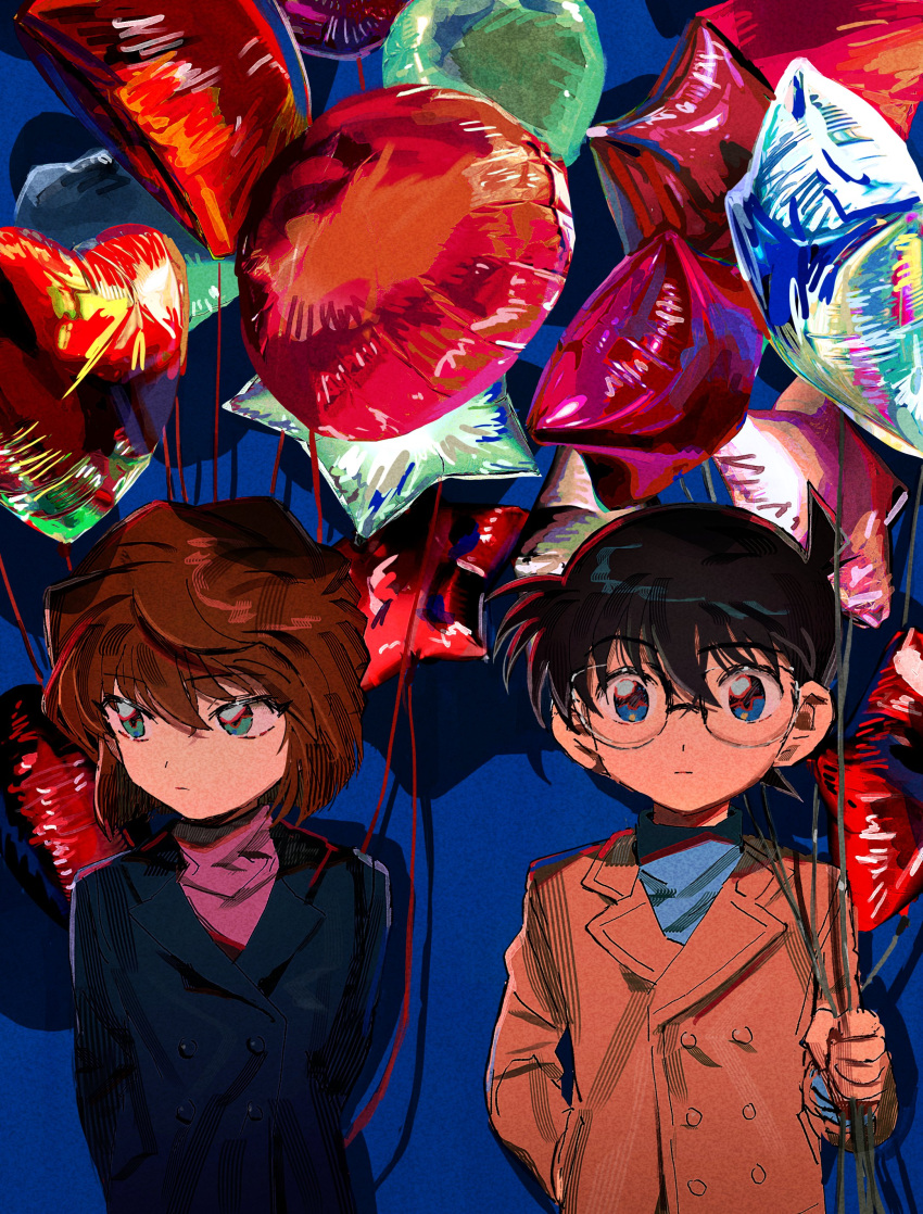 1boy 1girl absurdres balloon black_hair black_jacket blue_background blue_eyes blue_sweater brown_hair brown_jacket child closed_mouth edogawa_conan glasses green_eyes haibara_ai hand_in_pocket highres holding holding_balloon jacket long_sleeves looking_at_viewer meitantei_conan pink_sweater pocket segami shadow short_hair simple_background sweater