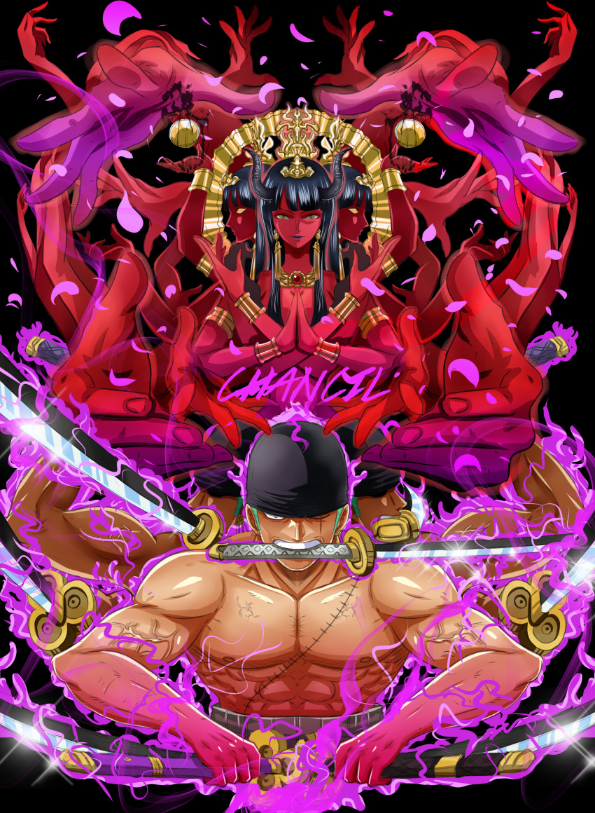 1boy 1girl abs absurdres artist_name asura_(buddhism) aura bandana black_background black_hair black_horns blunt_bangs bracelet chancil colored_skin crossed_arms english_commentary extra_arms falling_petals green_hair haramaki highres holding holding_sword holding_weapon horns jewelry long_hair looking_at_viewer muscular muscular_male necklace nico_robin one_eye_closed one_piece petals pink_petals profile purple_petals red_skin roronoa_zoro scar scar_across_eye scar_on_chest sideburns simple_background straight_hair sword topless_male upper_body veins weapon yellow_eyes