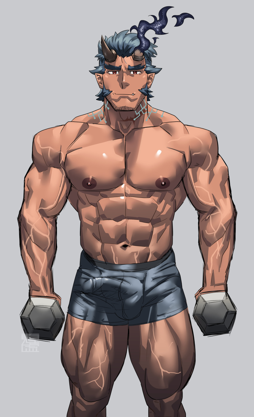 1boy abs arms_at_sides bara blue_hair boxers broken_horn bulge cowboy_shot dark-skinned_male dark_blue_hair dark_skin demon_boy demon_horns dumbbell erection erection_under_clothes facial_hair goatee_stubble highres horns large_pectorals looking_at_viewer male_focus male_underwear monmonhomon muscular muscular_male mutton_chops navel nipples pectorals short_hair solo standing stomach straight-on stubble takemaru_(housamo) thick_eyebrows tokyo_afterschool_summoners topless_male underwear veins veiny_arms veiny_thighs