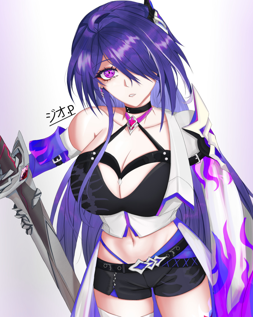 1girl absurdres acheron_(honkai:_star_rail) belt black_belt black_choker black_shorts breasts choker cleavage coat collarbone commentary cowboy_shot criss-cross_halter crop_top earrings hair_ornament hair_over_one_eye halterneck highres honkai:_star_rail honkai_(series) huge_breasts jewelry jio.p long_hair looking_at_viewer midriff navel parted_lips purple_eyes purple_hair short_shorts shorts single_bare_shoulder solo standing thighs very_long_hair white_coat