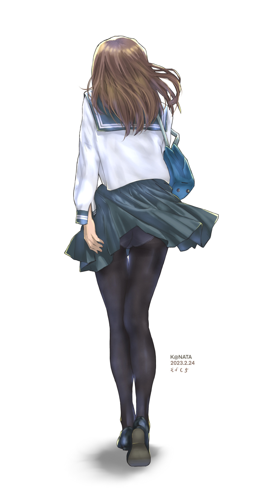 1girl absurdres bag black_footwear black_panties blue_bag blue_sailor_collar blue_skirt brown_hair from_behind full_body highres medium_hair original panties pantyhose sailor sailor_collar school_bag school_uniform shirt skirt standing underwear walking white_shirt y.kami_nao/take