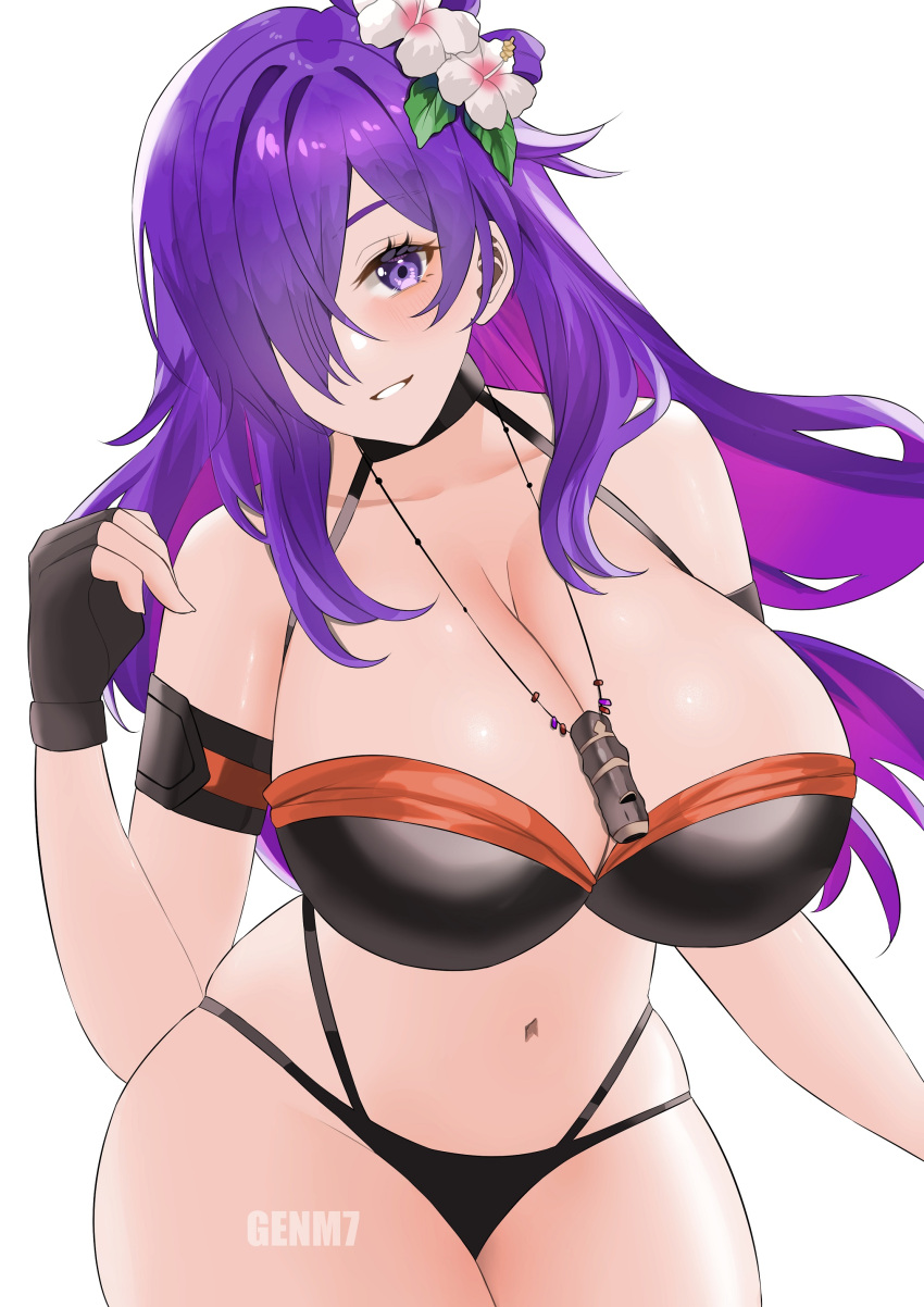 1girl absurdres armband artist_name bikini black_bikini black_gloves breasts cleavage collarbone fingerless_gloves fire_emblem fire_emblem:_three_houses fire_emblem_heroes fire_emblem_warriors:_three_hopes flower genm7 gloves hair_between_eyes hair_flower hair_ornament hair_over_one_eye hibiscus highres huge_breasts jewelry long_hair looking_at_viewer navel necklace official_alternate_costume purple_eyes purple_hair shez_(female)_(fire_emblem) shez_(female)_(summer)_(fire_emblem) shez_(fire_emblem) signature simple_background solo swimsuit thick_thighs thighs tight_clothes water white_background white_flower wide_hips