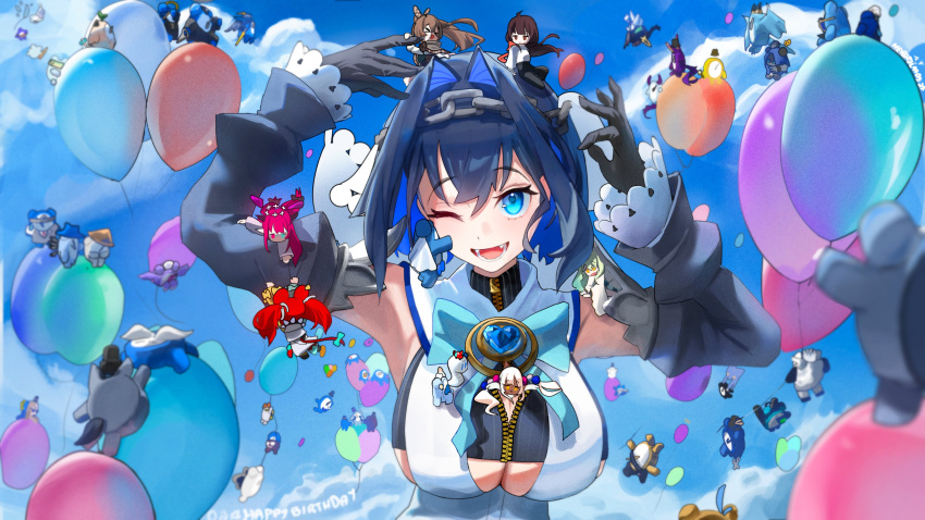 absurdres armpits arms_up artist_name balloon bare_shoulders between_breasts black_gloves blue_eyes blue_hair blue_ribbon boros_(ouro_kronii) breasts ceres_fauna chain chain_headband cleavage clothing_cutout collar colored_inner_hair detached_sleeves fangs gloves hair_between_eyes hair_intakes hakos_baelz happy_birthday heart highres hololive hololive_english irys_(hololive) jewelry juliet_sleeves kronie_(ouro_kronii) large_breasts long_sleeves looking_up multicolored_hair multiple_girls nanashi_mumei neratul one_eye_closed open_mouth ouro_kronii ouro_kronii_(1st_costume) puffy_sleeves ribbon sally_(ouro_kronii) shirt short_hair sideboob sky sleeveless sleeveless_shirt sleeveless_turtleneck smile solo_focus teeth tsukumo_sana turtleneck two-tone_hair underboob underboob_cutout veil virtual_youtuber zipper