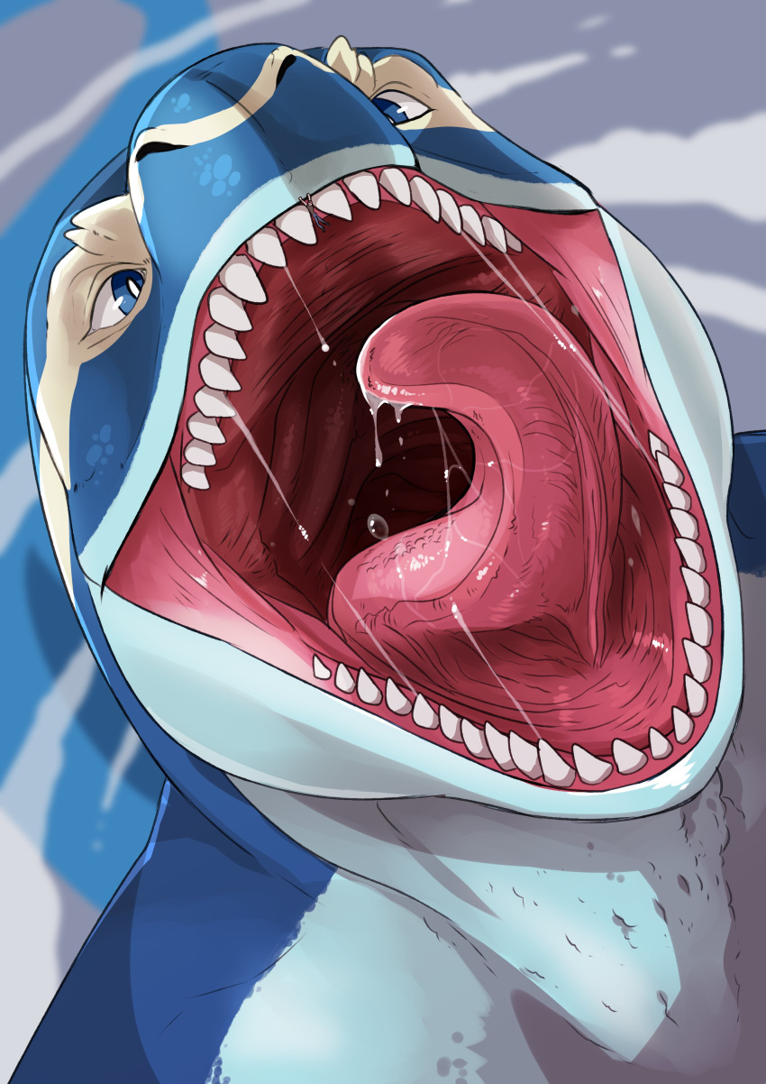 absurd_res anthro blue_body blue_eyes bodily_fluids front_view glistening glistening_eyes hi_res imperatorcaesar male markings mouth_shot open_mouth pink_tongue pupils saliva saliva_on_tongue saliva_string solo tan_markings tongue white_pupils