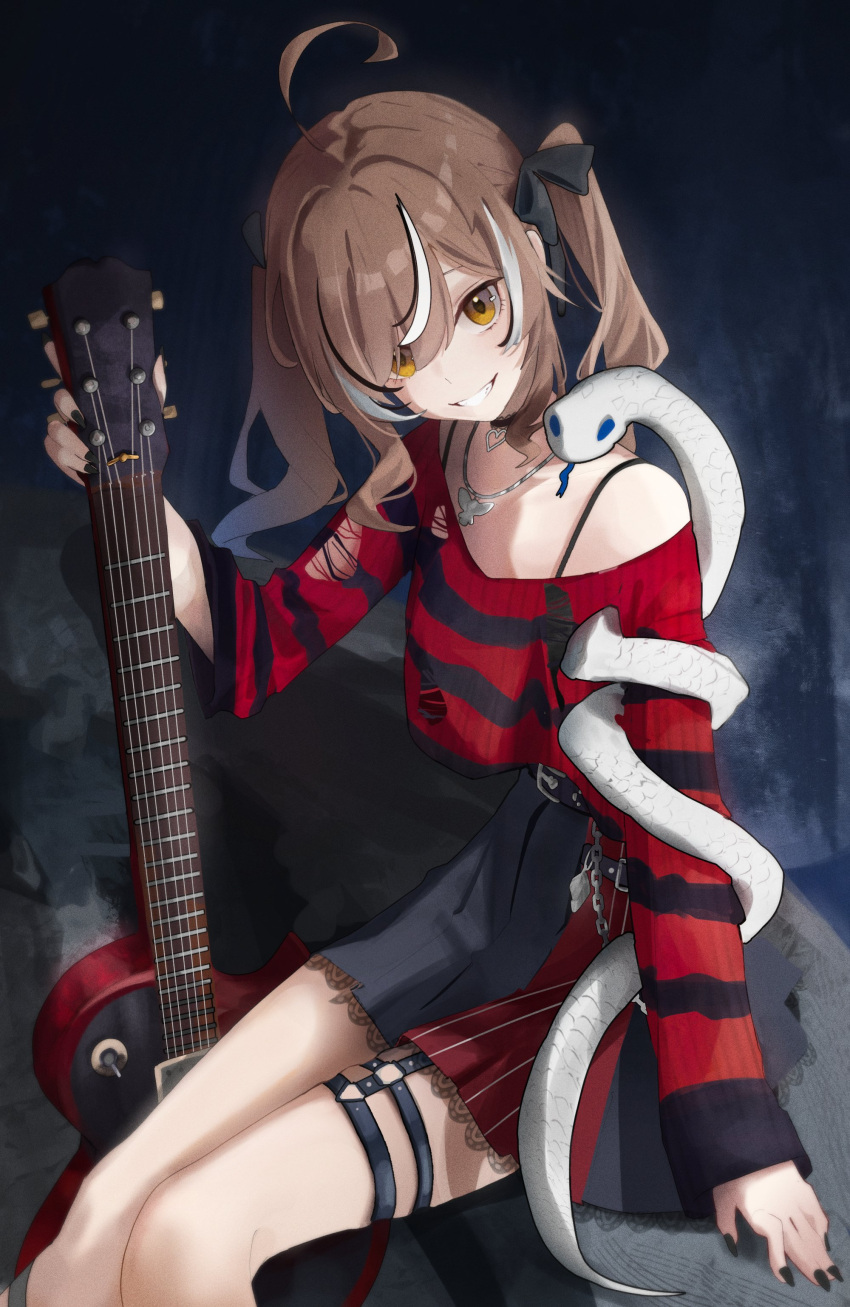 1girl absurdres ahoge bare_shoulders belt belt_chain black_belt black_choker black_hair black_nails black_sweater brown_eyes brown_hair chain choker electric_guitar emo_fashion guitar hair_intakes hair_over_one_eye hair_ribbon heart heart_choker highres holding holding_instrument hololive hololive_english huge_ahoge instrument jewelry lace-trimmed_choker lace-trimmed_skirt lace_trim long_hair looking_at_viewer messy_hair multicolored_hair nanashi_mumei nanashi_mumei_(4th_costume) necklace neratul off_shoulder official_alternate_costume official_alternate_hairstyle plaid plaid_skirt pleated_skirt red_sweater ribbon runes sidelocks skirt sleeves_past_wrists smile snake spaghetti_strap streaked_hair striped_clothes striped_sweater sweater sweater_partially_tucked_in swept_bangs teeth thigh_strap torn_clothes torn_sleeves torn_sweater twintails two-tone_sweater virtual_youtuber white_hair