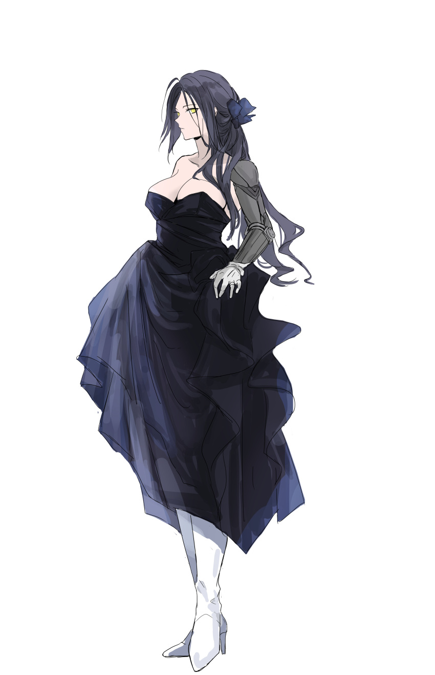 absurdres ar-18_(girls'_frontline) black_dress black_hair breasts closed_mouth dress girls'_frontline gloves hair_tie high_heels highres large_breasts long_hair looking_at_viewer masako_(user_thnr3538) mechanical_arms solo white_footwear white_gloves yellow_eyes