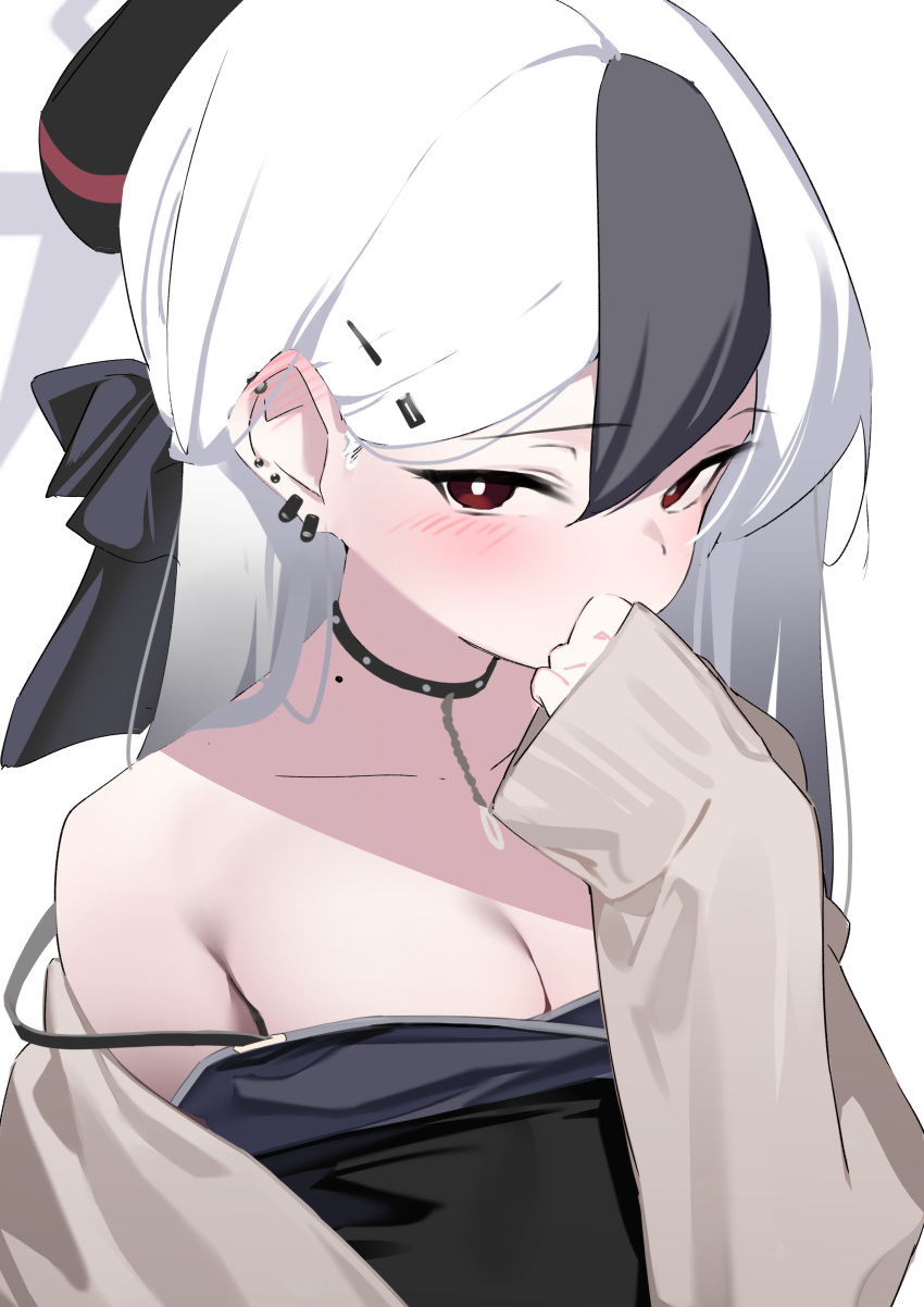 1girl absurdres bare_shoulders black_bow black_collar black_dress black_hair black_horns blue_archive blush bow breasts closed_mouth collar covering_own_mouth demon_horns dress ear_piercing gradient_hair grey_hair grey_jacket hair_between_eyes hair_bow hair_ornament hairclip highres horns jacket kayoko_(blue_archive) kayoko_(dress)_(blue_archive) long_hair looking_at_viewer mole mole_on_neck multicolored_hair nose_blush official_alternate_costume piercing red_eyes simple_background sleeves_past_wrists small_breasts solo strap_slip upper_body white_background white_hair yuyuripo