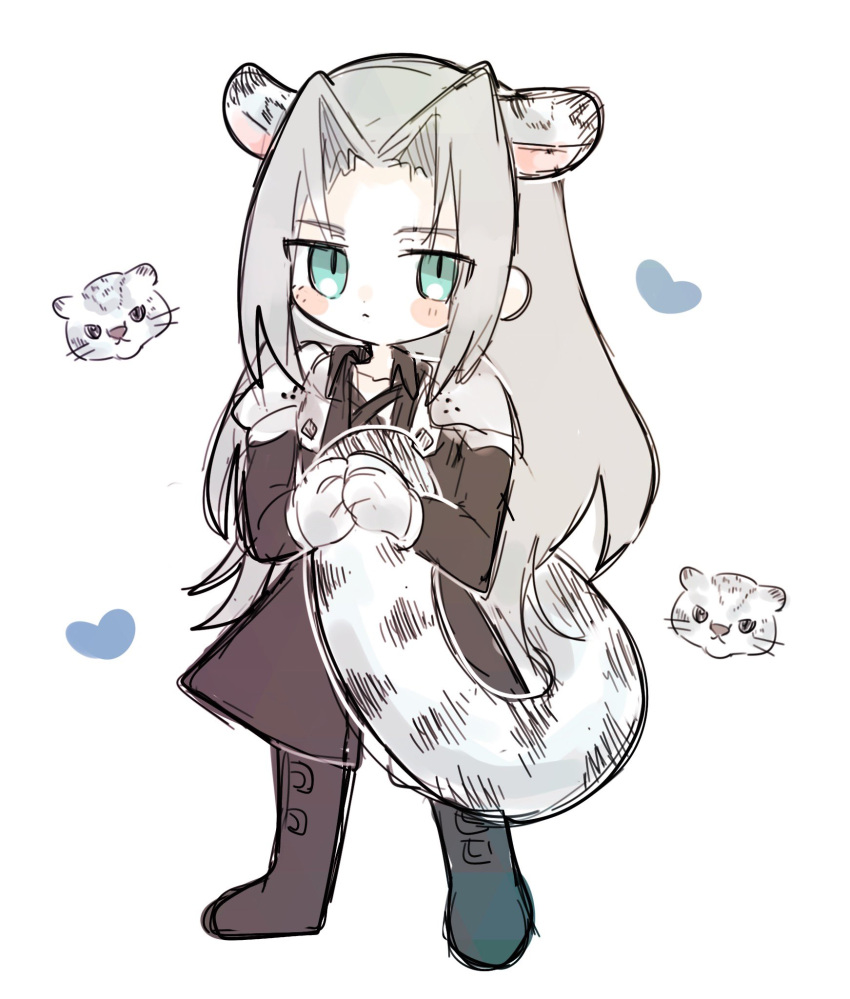 1boy animal_ears animal_hands armor black_coat black_footwear blush_stickers boots cat_boy cat_ears cat_tail chest_strap chibi coat commentary english_commentary final_fantasy final_fantasy_vii full_body green_eyes grey_hair heart high_collar highres kemonomimi_mode knee_boots leopard_boy leopard_ears leopard_tail long_bangs long_coat long_hair long_sleeves looking_up male_focus open_clothes open_coat parted_bangs pauldrons plamt_cat sephiroth shoulder_armor simple_background sketch slit_pupils snow_leopard snow_leopard_boy snow_leopard_ears snow_leopard_tail solo tail white_background