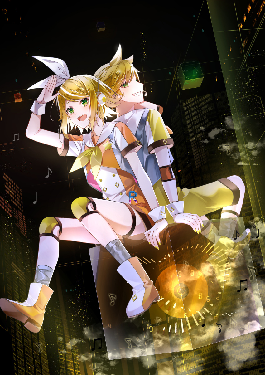 1boy 1girl absurdres arm_up blonde_hair boots building cityscape commentary_request green_eyes grey_socks grin hair_ribbon highres kagamine_len kagamine_rin knee_pads looking_at_viewer looking_back musical_note open_mouth outdoors re_nantoka3 ribbon salute short_hair short_sleeves shorts sitting skyscraper smile socks thigh_strap vocaloid white_ribbon wrist_cuffs yellow_ribbon yellow_shorts