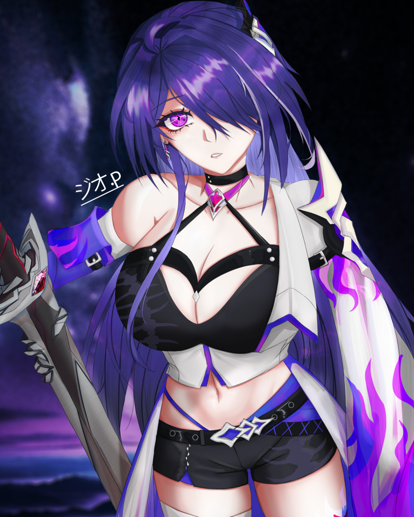 1girl absurdres acheron_(honkai:_star_rail) belt black_belt black_choker black_shorts breasts choker cleavage coat collarbone commentary cowboy_shot criss-cross_halter crop_top earrings hair_ornament hair_over_one_eye halterneck highres honkai:_star_rail honkai_(series) huge_breasts jewelry jio.p long_hair looking_at_viewer midriff navel parted_lips purple_eyes purple_hair short_shorts shorts single_bare_shoulder solo standing thighs very_long_hair white_coat