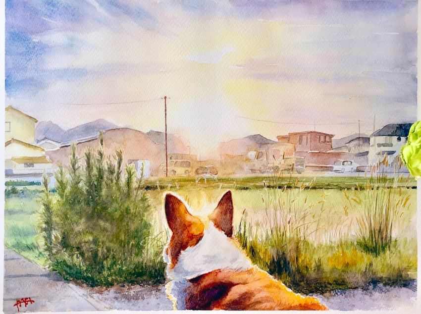 building dog evening from_behind grass house no_humans oekaki original painting_(medium) plant power_lines road shibakaka sun sunset town traditional_media twilight utility_pole watercolor_(medium) weeds