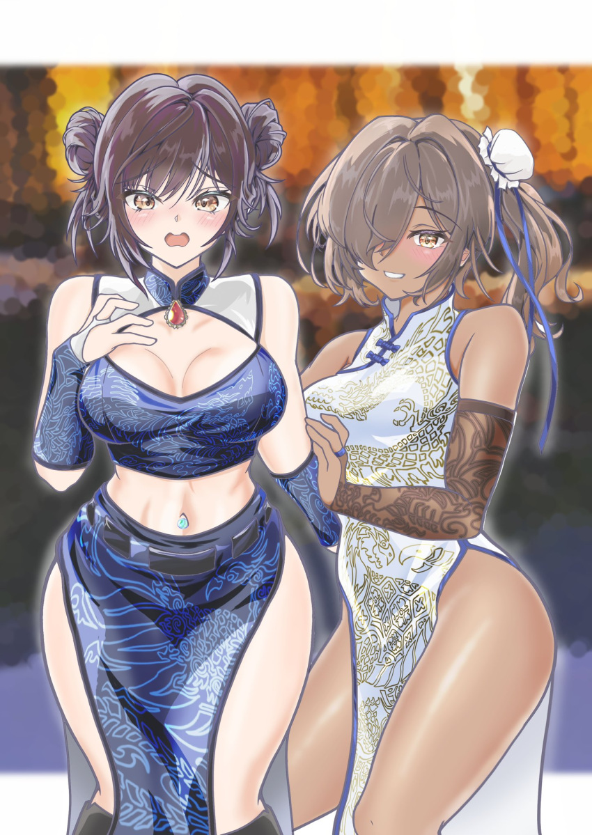 2girls alternate_costume alternate_hairstyle bare_shoulders black_footwear blue_ribbon blue_shirt blue_skirt blush boots breasts bridal_gauntlets brown_eyes brown_hair bun_cover china_dress chinese_clothes cleavage cleavage_cutout clothing_cutout collarbone commentary_request cowboy_shot crop_top dark-skinned_female dark_skin double_bun dress goddess_of_victory:_nikke hair_between_eyes hair_bun hair_over_one_eye hair_ribbon highres knee_boots large_breasts long_hair looking_at_viewer malia_wildcats marciana_(nikke) midriff multiple_girls naga_(nikke) navel navel_piercing one_side_up open_mouth pelvic_curtain piercing ribbon shirt sidelocks skindentation skirt sleeveless sleeveless_dress sleeveless_shirt smile standing white_dress yellow_eyes