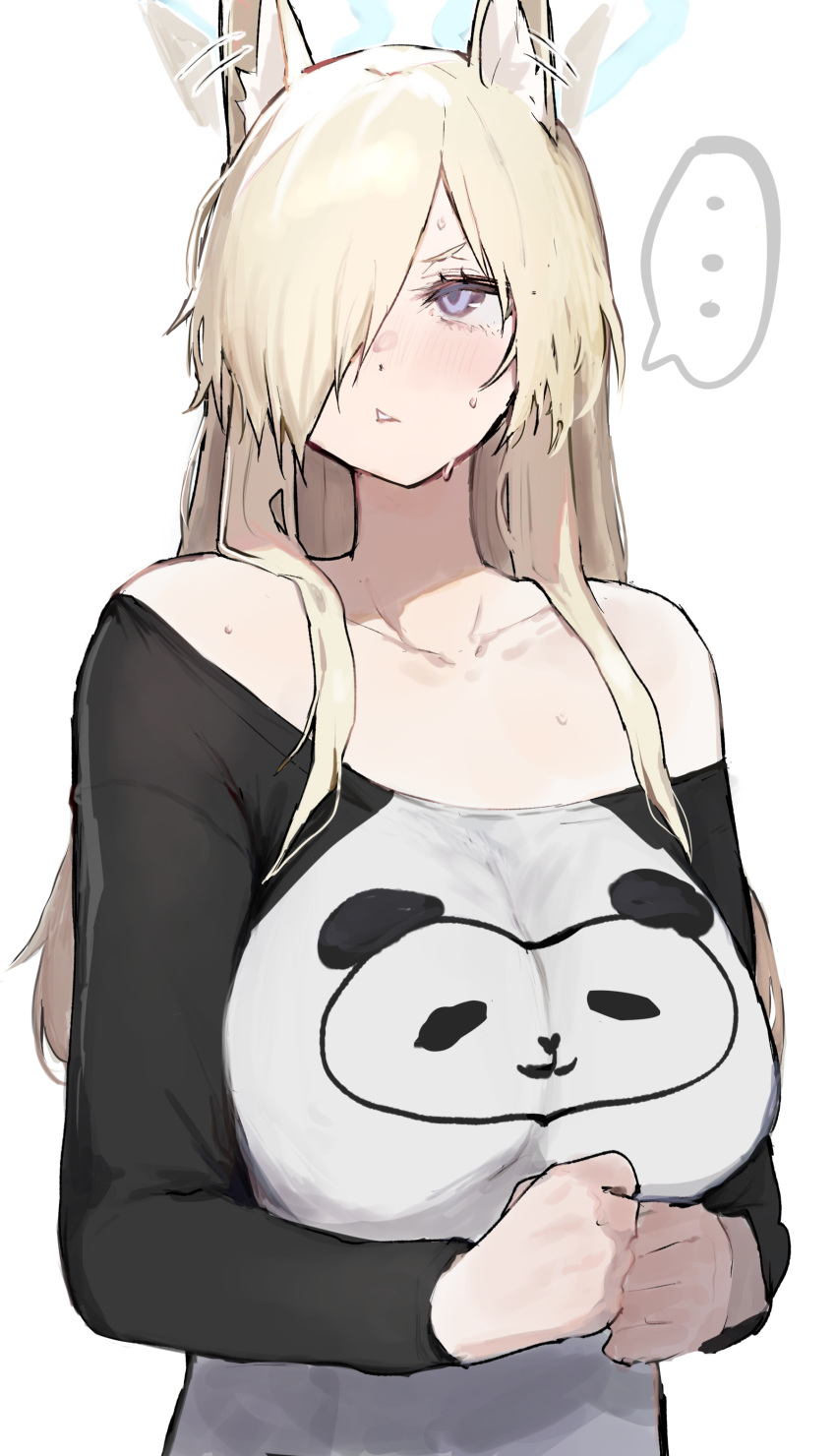 ... 1girl absurdres animal_ear_fluff blonde_hair blue_archive blue_eyes blush breasts collarbone extra_ears hair_over_one_eye highres inusaka kanna_(blue_archive) large_breasts long_hair long_sleeves off-shoulder_shirt off_shoulder open_mouth shirt simple_background solo spoken_ellipsis upper_body white_background white_shirt