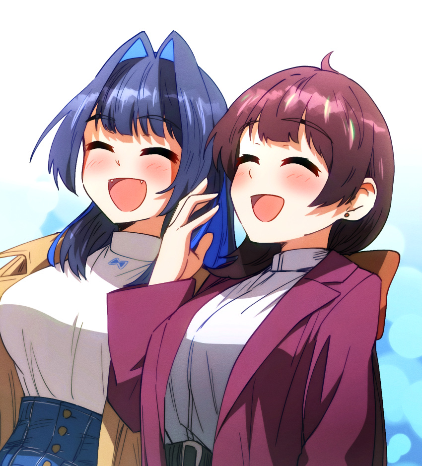 2girls ahoge belt black_belt blue_hair brown_jacket burgundy_jacket ddolbang earrings fangs friends hair_intakes highres hololive hololive_english jacket jewelry laughing multiple_girls official_alternate_costume ouro_kronii ouro_kronii_(casual) ribbon sally_(ouro_kronii) shirt simple_background virtual_youtuber white_shirt