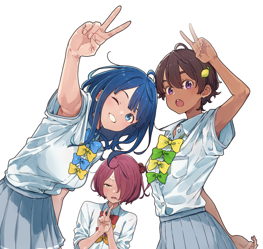 3girls :o ;d blue_bow blue_bowtie blue_eyes blue_hair bow bowtie breasts brown_hair dark_blue_hair dark_skin double-parted_bangs dress_shirt food-themed_hair_ornament furrowed_brow green_bow green_bowtie grey_skirt grin hair_between_eyes hair_ornament hair_over_one_eye half-closed_eyes highres imigimuru key_visual komari_chika lemon_hair_ornament make_heroine_ga_oo_sugiru! medium_breasts multiple_girls official_art one_eye_closed one_eye_covered open_mouth pleated_skirt promotional_art purple_eyes red_bow red_bowtie red_hair school_uniform shirt sidelocks simple_background skirt smile sweat swept_bangs thick_eyebrows transparent_background v white_shirt yakishio_remon yanami_anna yellow_bow yellow_bowtie yellow_eyes