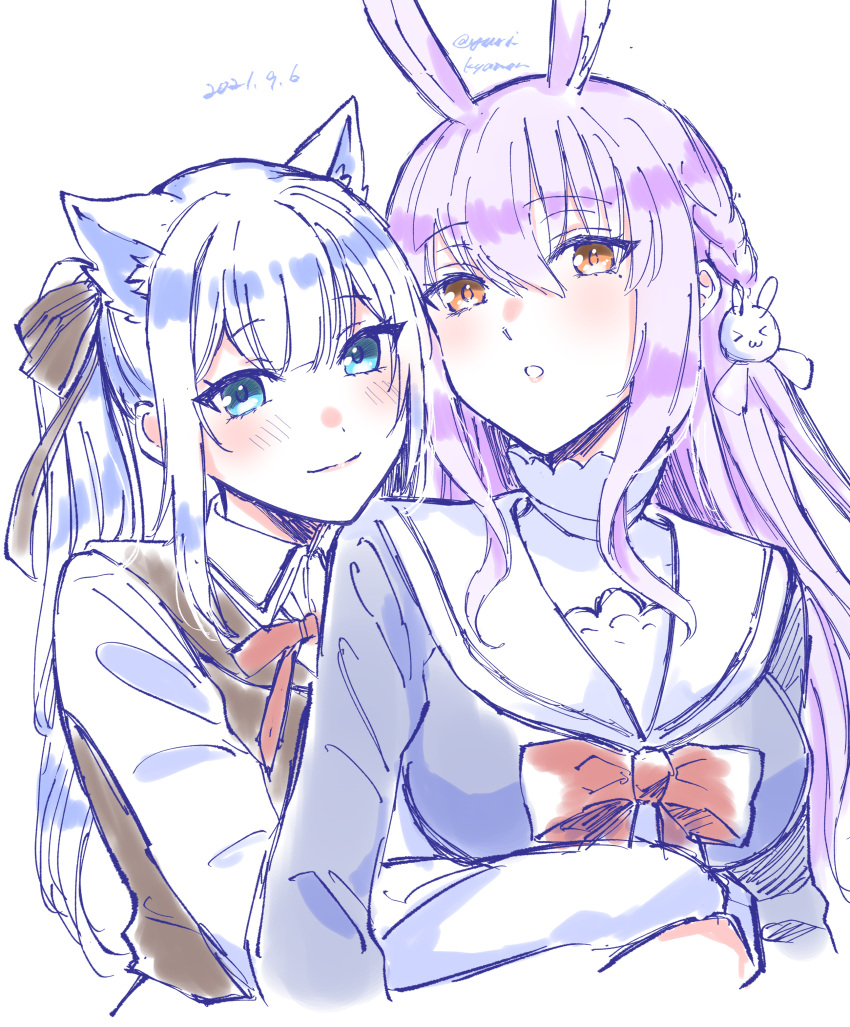 2girls absurdres animal_ear_fluff animal_ears arm_around_waist blue_hair blue_shirt blush bow bowtie braid brown_ribbon brown_vest cat_ears closed_mouth collared_shirt commentary_request dated hair_ribbon highres himesaki_yuzuru hug hug_from_behind long_hair long_sleeves mole mole_under_eye multiple_girls neck_ribbon noripro orange_eyes original parted_lips purple_hair rabbit_ears red_bow red_bowtie red_ribbon ribbon school_uniform serafuku shirayuki_mishiro shirt side_braid smile twitter_username vest virtual_youtuber white_shirt yuri_kyanon