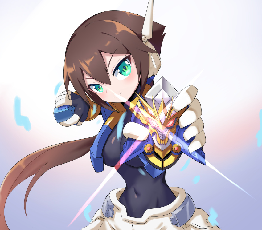 1girl aile_(mega_man_zx) biometal black_bodysuit bodysuit breasts brown_hair closed_mouth covered_navel cowboy_shot cropped_jacket floating_hair gloves green_eyes groin hair_between_eyes henshin_pose highres holding jacket large_breasts long_hair looking_at_viewer low_ponytail mega_man_(series) mega_man_zx mega_man_zx_advent model_x_(mega_man) open_clothes open_jacket ponytail robot_ears short_sleeves shorts sidelocks skin_tight smile solo standing white_shorts zerokun135