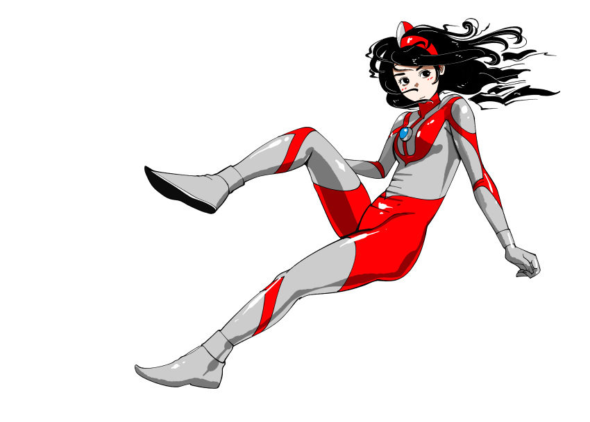 1girl absurdres black_eyes black_hair bodysuit cosplay floating_hair full_body grey_bodysuit highres knee_up long_hair looking_at_viewer red_bodysuit sakamoto_giulietta simple_background solo two-tone_bodysuit ultra_series ultraman ultraman_(1st_series) ultraman_(cosplay) ultraman_suit white_background